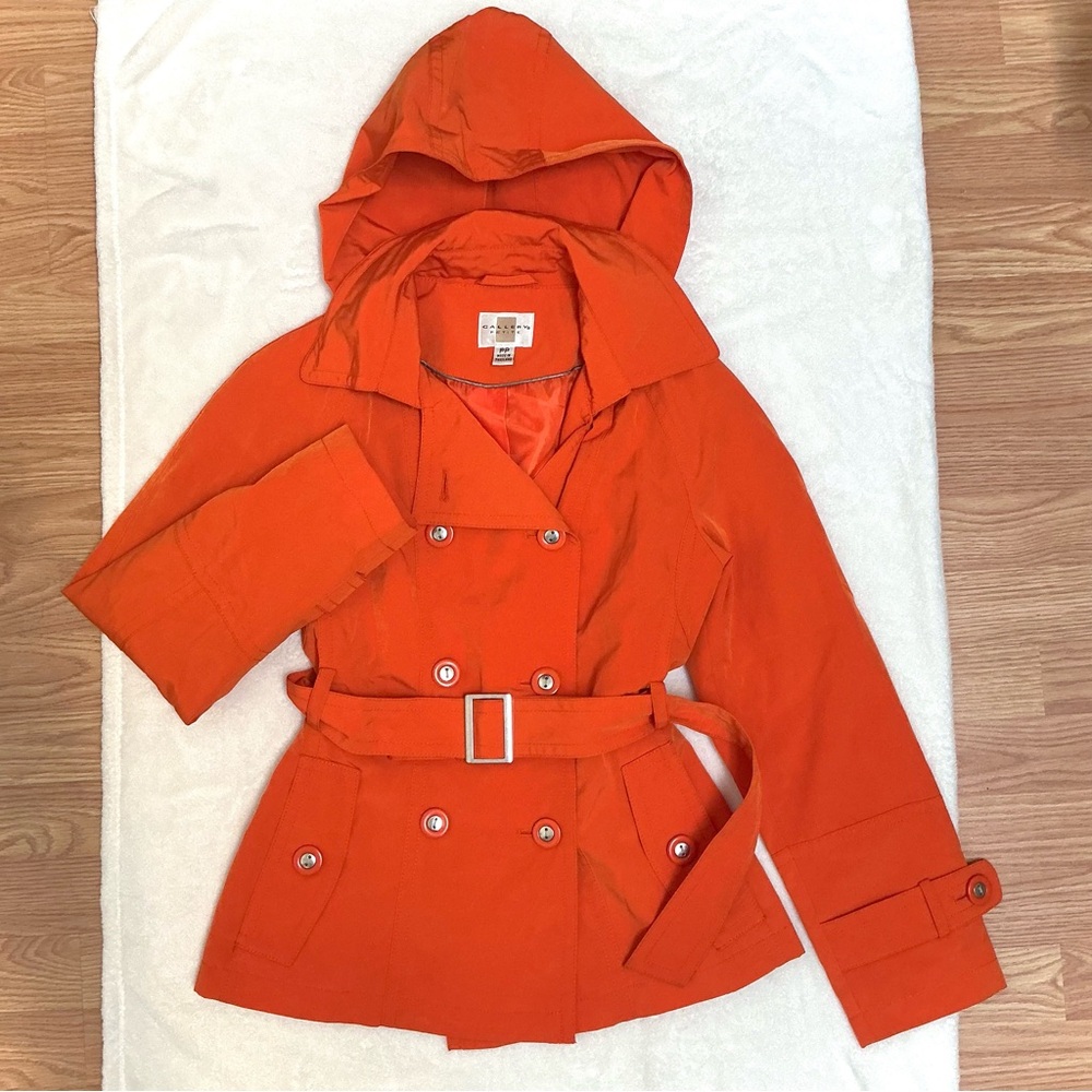 Gallery Vibrant Orange Winter Jacket Coat Silver Button Hardware Removable Hood